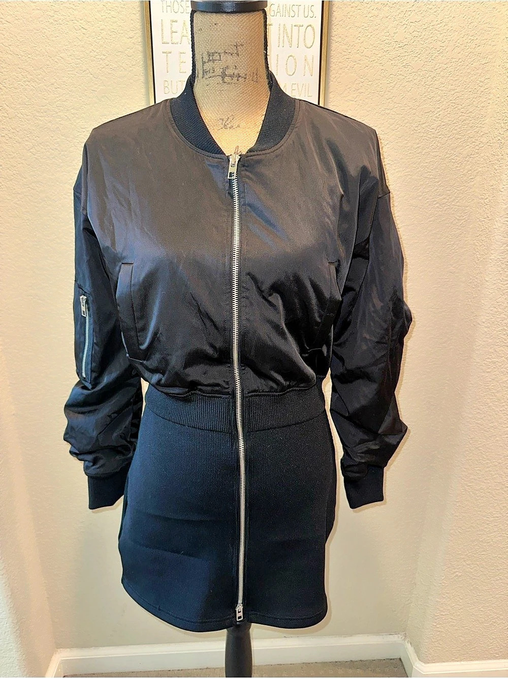 Zara Bomber Effect Mini Dress Black Medium